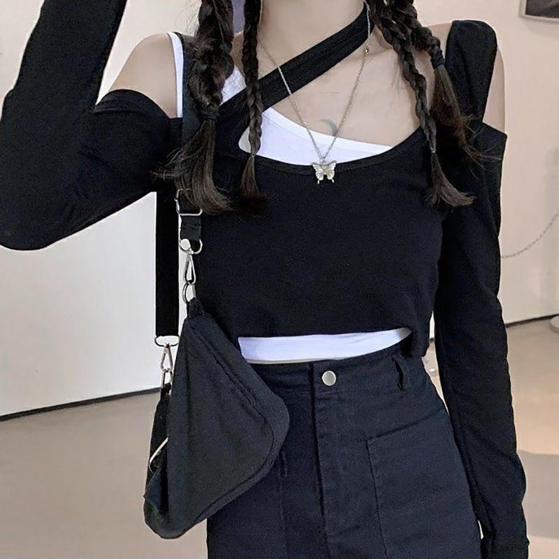 

WTEMPO рубашки для женщин, корейские шикарные тонкие поддельные топы из двух предметов, футболки с открытыми плечами и длинными рукавами Harajuku Y2K, черная футболка M чёрный