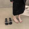Square head open-toed temperament one-word slippers women's summer 2025 new simple flower rhinestone versatile niche shoes