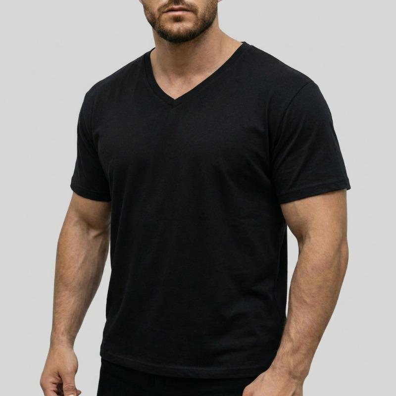 Men V Neck Short Sleeve T Shirt Slim Fit Solid Color Casual Basic Top