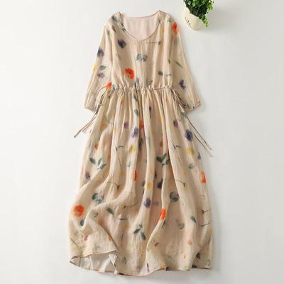 2025 Spring/Summer V-Neck Printed Cotton-Linen Midi Dress - Casual, Loose, and Slimming Style