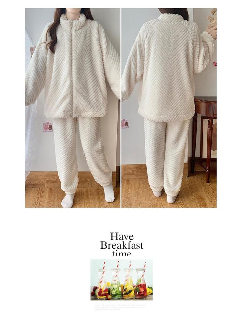 Pijamale Jacquard din Fleece Coral pentru Femei: Cardigan drăguț, călduros, cu guler înalt cu fermoar pentru toamnă și iarnă