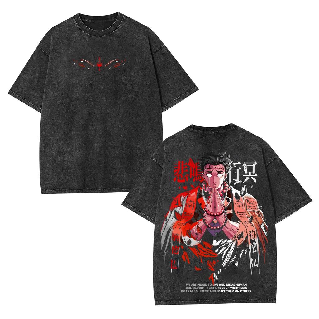 Demon Slayer Vintage Washed Short-Sleeved Printed T-Shirt - Casual Outdoor Daily Wear Street Style Men's and Women's T-Shirt