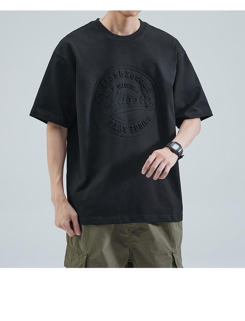 Men's Summer 3D Embossed Casual Loose-Fit Cotton T-Shirt, Plus Size, Trendy Brand, Short Sleeve
