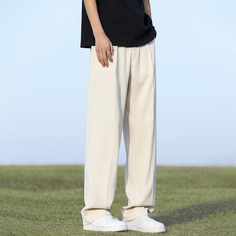 Men Suit Pants Straight Wide Leg Loose Mid Waist Pockets Deeep Crotch Button Zipper Closure Loose Formal Business Style Office W