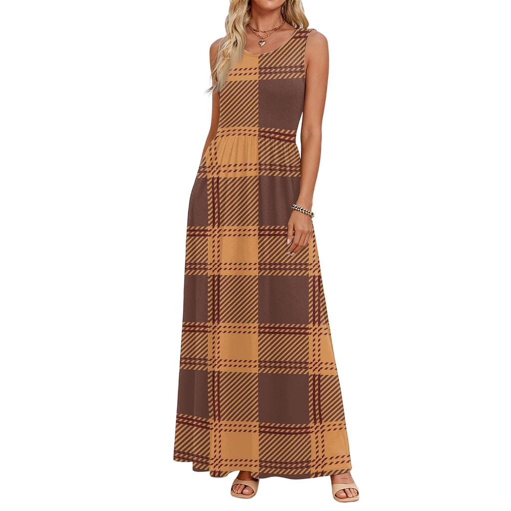 Women Sleeveless Plaid Maxi Dress Casual Loose Fit Summer Beach Dress with Pockets Lightweight Comfortable Sundress