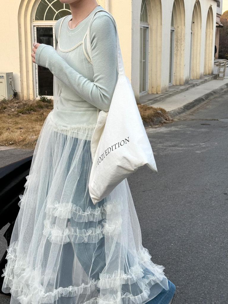 LUXI Korean Sweet Mesh See-Through Camisole Dress with Layered Blouse & Lace Long Skirt