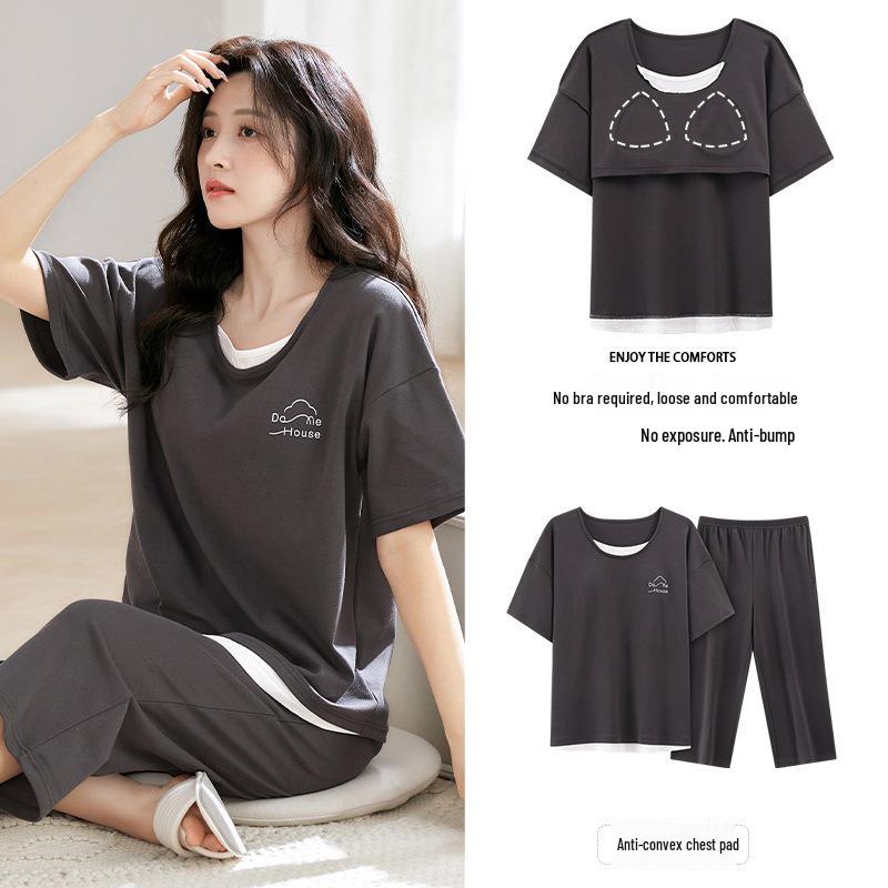 2025 Women's Summer Capri Pajama Set: Short-Sleeve, Thin Cotton with Breast Pads, Versatile for Home or Outside Wear