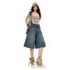 Trendy Summer Heavy Washed Denim Cropped Capri Pants Ladies Mid Rise Loose Straight Wide Leg Trousers Versatile Slimming FigureFlattering Casual Style