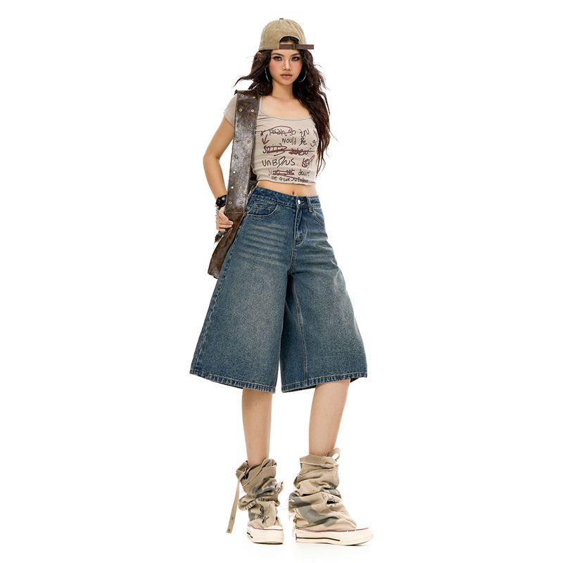Trendy Summer Heavy Washed Denim Cropped Capri Pants Ladies Mid Rise Loose Straight Wide Leg Trousers Versatile Slimming FigureFlattering Casual Style