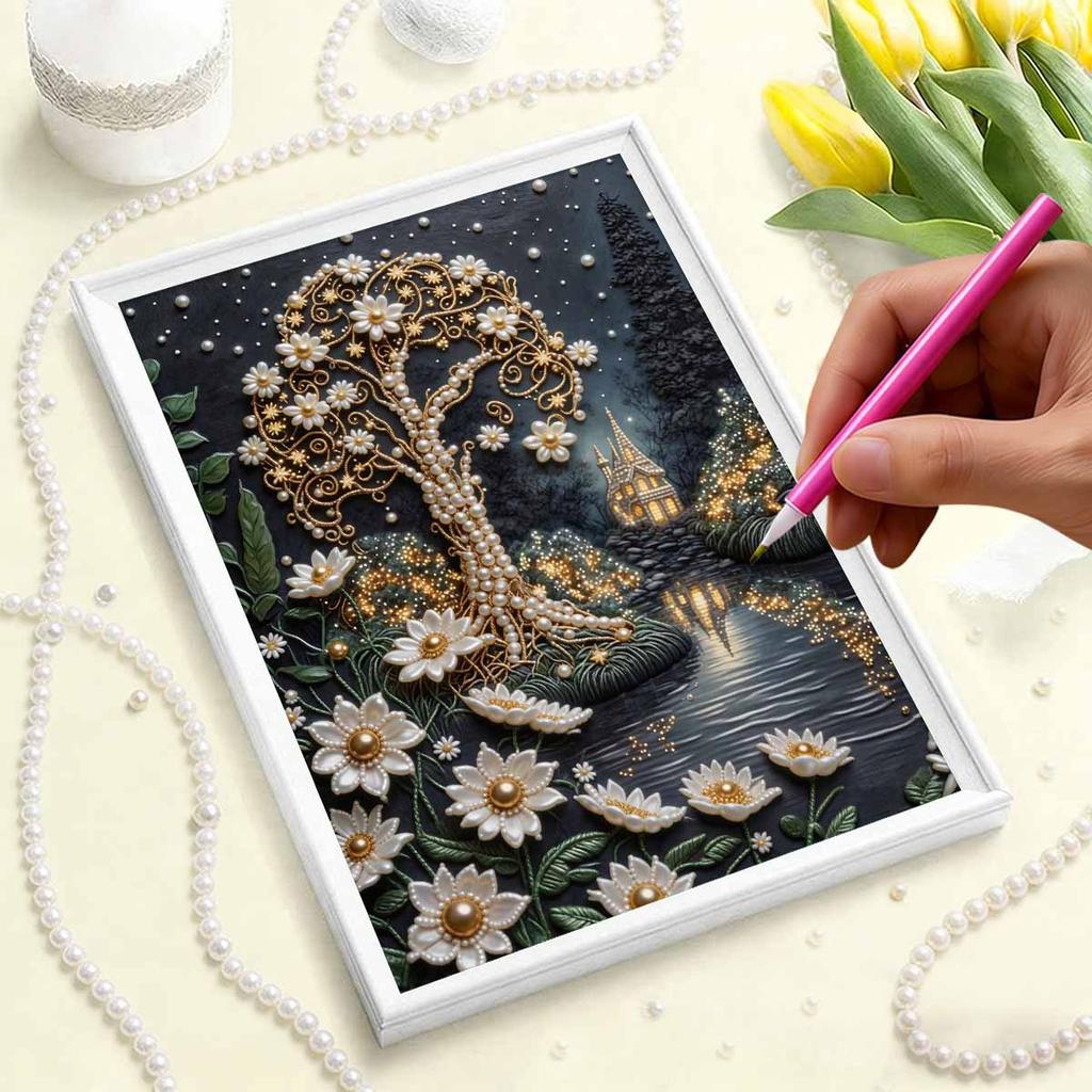 5D DIY Frameless Pearl Painting Trees and Flowers Pattern Painting Kit Suitable for Home Living Room Bedroom and Other Wall Decoration Art Paintings
