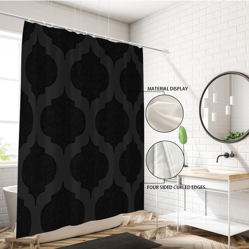 1pc Geometric Print Waterproof Black Shower Partition Privacy Hanging Curtain with 12 Hooks Multiple Sizes Easy Installation
