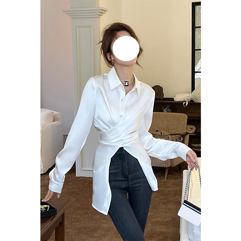 Vielseitiges Langarm-Satin-Shirt für Damen mit einzigartigem Taillendesign