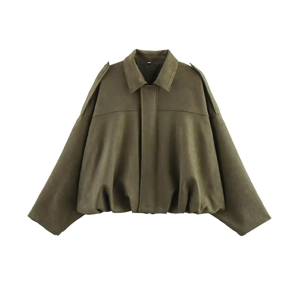 Women Turn Down Collar Pilot Style Long Sleeve Cropped Loose Jacket