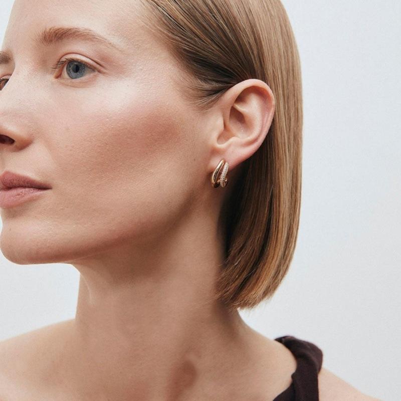Premium Metal Inlaid Zircon Irregular Double-Layer Design Earrings S925 Silver Needle Stud Earrings Trendy Temperament Earrings