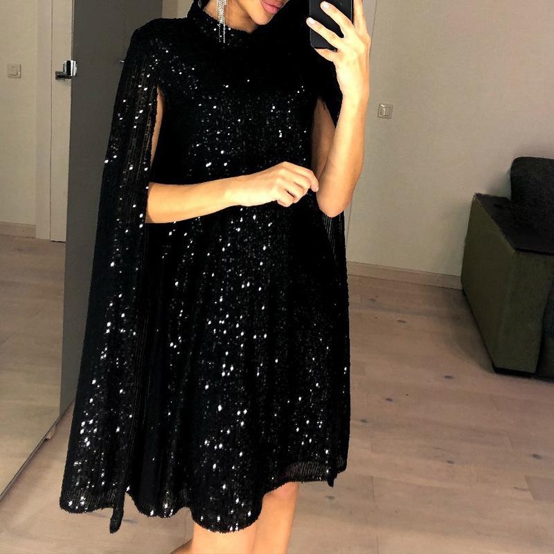 

Spring New Wish European And American New Small Stand-Up Collar Sequined Dress Loose Women S Clothing 2XL чорний