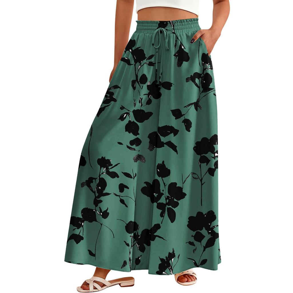 Women's Palazzo Pants Boho Floral Wide Leg Trousers Summer Beach High Waisted Flowy Pants With Pockets