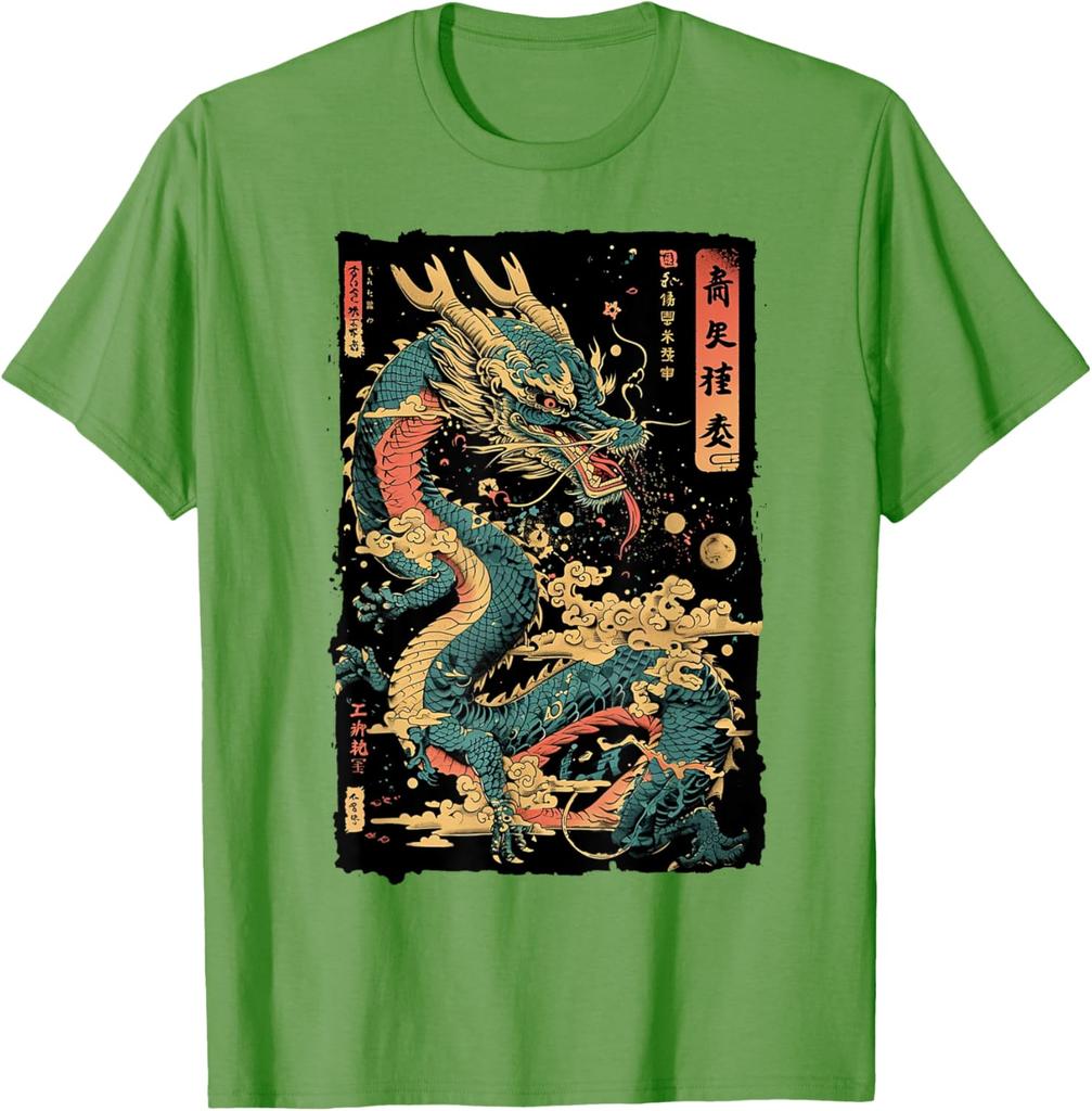 Japanese Dragon Graphic Tee Mens Casual Cotton Print Short Sleeve Crew Neck TShirt