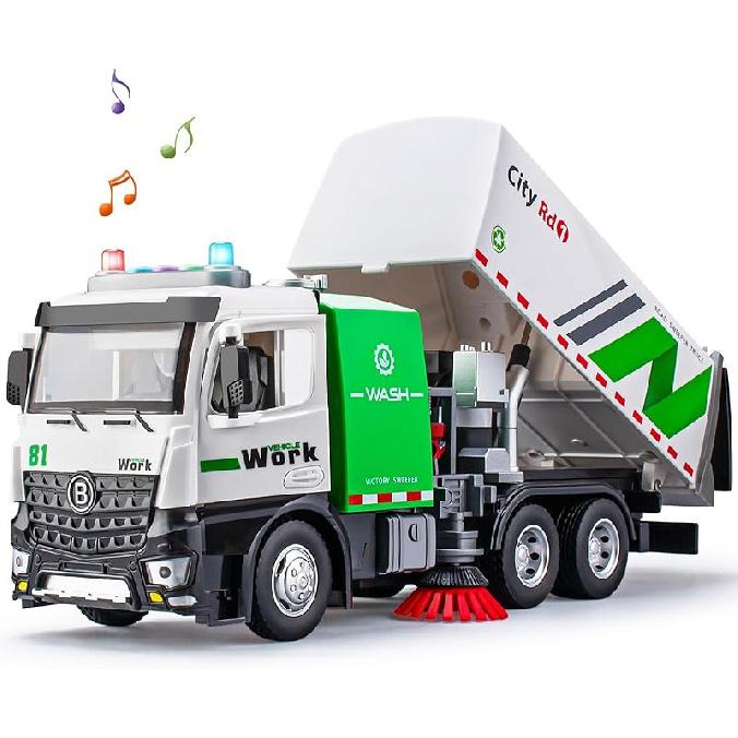 Garbage Truck Toys for Boys, 12" Big Trash Truck with Lights and Sounds, Friction Powered Waste Management Recycling Toy Set with 4 Trash Cans and