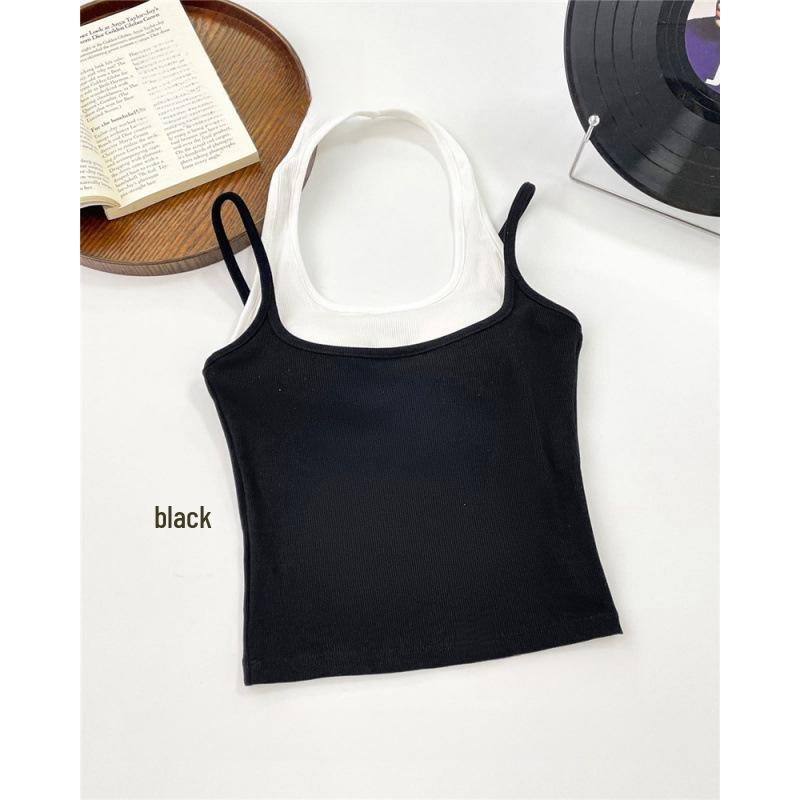 Fashionable Color Block Halterneck Slimming Retro T-Shirt Vest