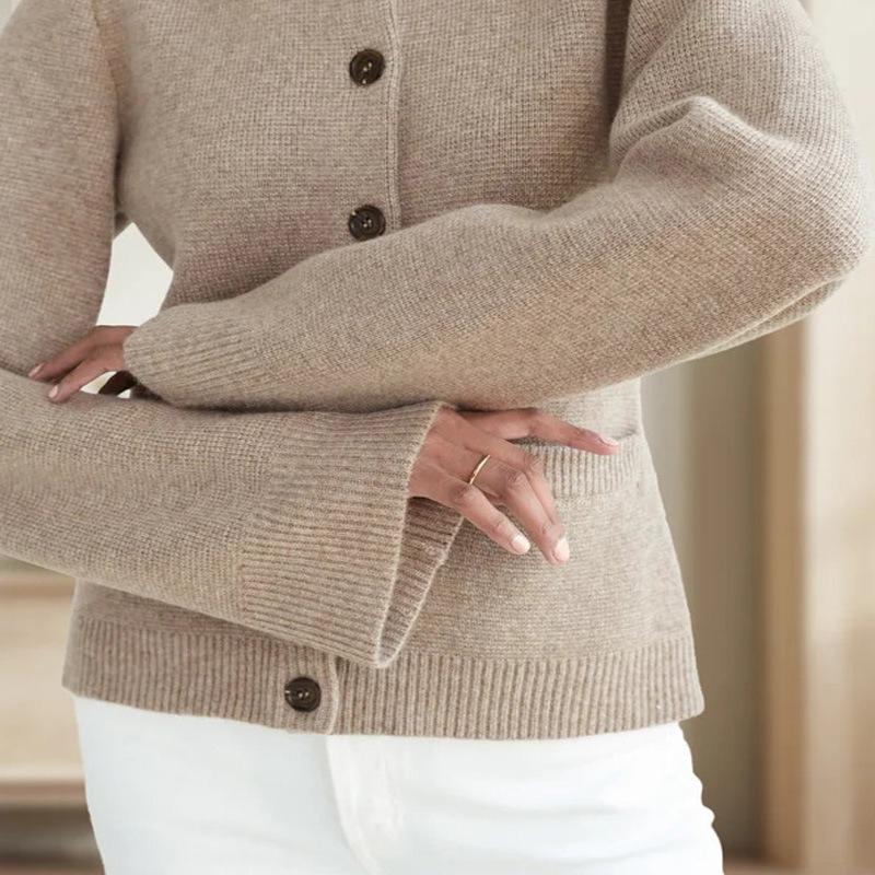 Ladies Premium Solid Sweater Jacket Elegant Fashion High Waist Slim Sweater Cardigan Round Neck Loose Long Sleeve Button Cardigan Coat with Pockets