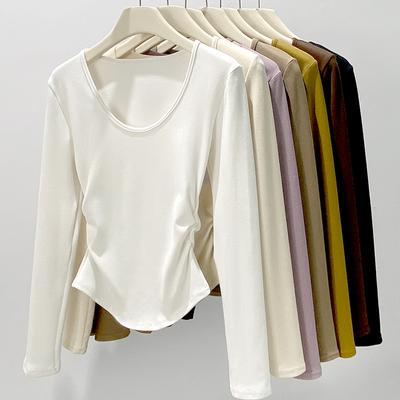 Coconut Velvet Large U-neck Base Shirt, Autumn and Winter Brushed Wool, Long-sleeved T-shirt, Cinched Waist Slim Body, and Pleated Top