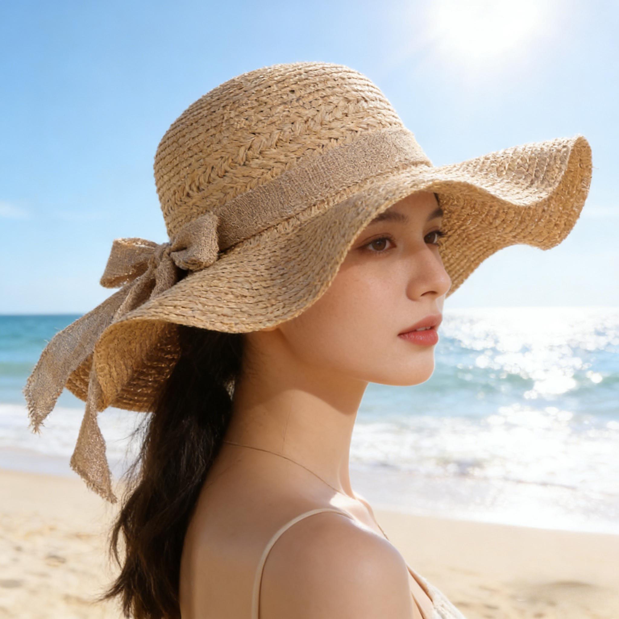 My Extreme Outdoor Activities Women's 1Pc Seaside Bow Beach Hat Oversize Straw Hat Summer Sun Block Big Brim Hat Suitable For Sun Protection 56-60Cm