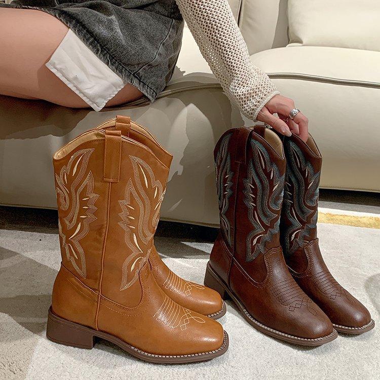 Boots Retro Embroidery Knight Boots Women He Sui Tong V Mouth Mid-Calf Boots Long Boots
