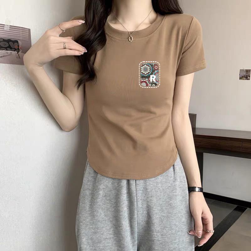 

European Station pure cotton shoulder short-sleeved T-shirt women s 2025 summer new irregular curved hem high-waisted short top t XXL