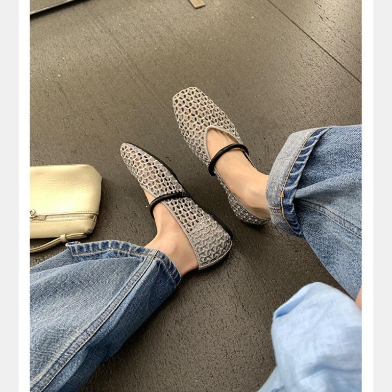 ~ Square head hollow knitting one-word belt versatile soft surface light mouth single shoes women