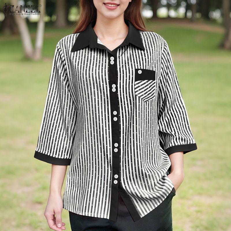 ZANZEA Women Casual Turn Down Collar Loose 3/4 Sleeve Stripe Blouse