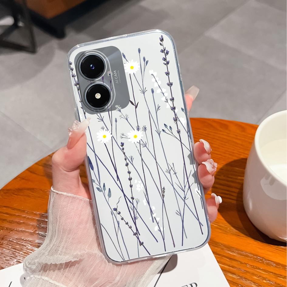 Étui de téléphone pour Vivo Y27 Y15 Y21 Y20 Y36 Y33 Y02S Y10, coque arrière de luxe antichoc, sac de téléphone Transparent mat en Silicone souple, fleur pour Vivo pare-chocs