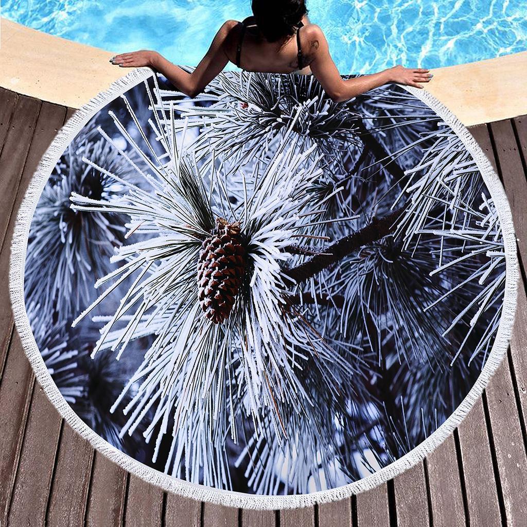 Pine Tree Printed Round Beach Towel with Tassels, Microfiber Beach Blanket, Absorbent Quick Dry Pool Towel Portable Picnic Mat