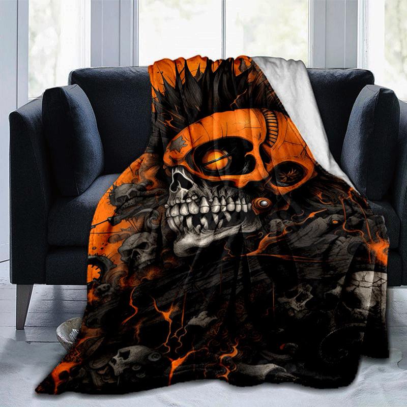 1pc Skull Printing Lightweight Flannel Blanket, Comfortable and Warm Blanket, for Camping Sofa Bed and Couch Office, in All Seasons