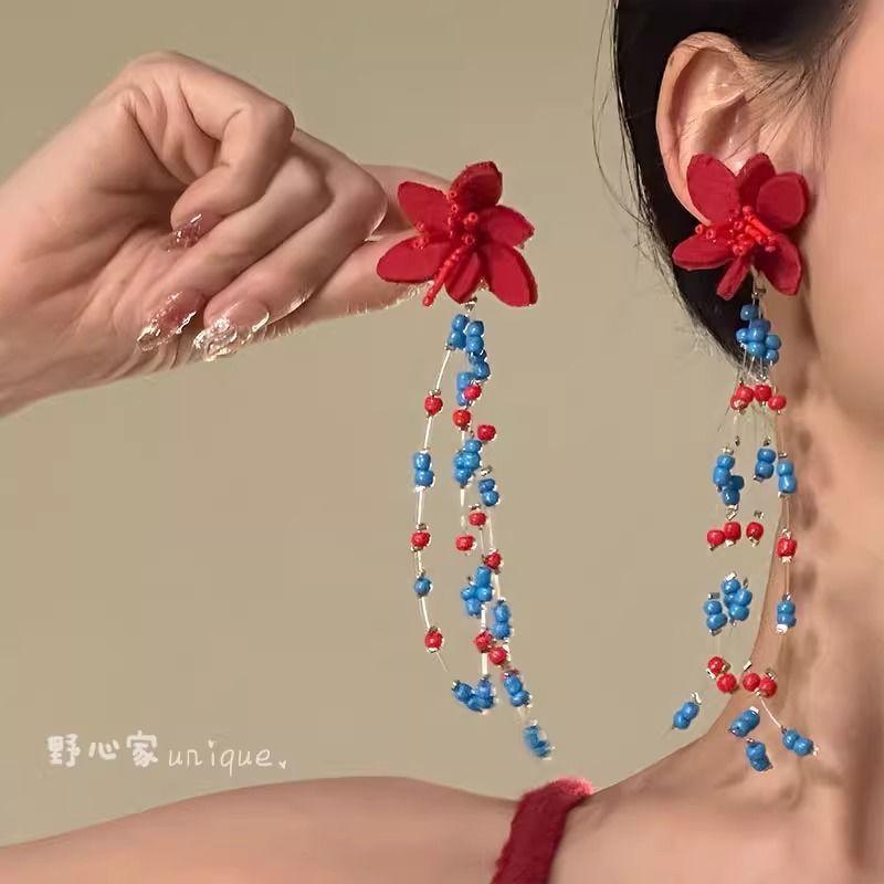 Vintage kontrastierende Blumen Perlen Quasten Ohrringe Sommer süßes Mädchen Herz Ohrringe Reise Foto Urlaubsstil Ohrringe