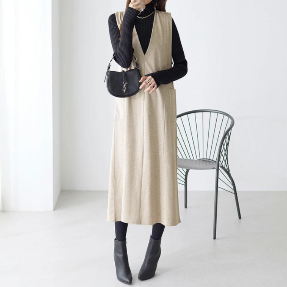 Women's V Neck Sleeveless Straight Long Midi Dress Slim Fit Loose Waist Japanese Casual Vest Pinafore Dress
