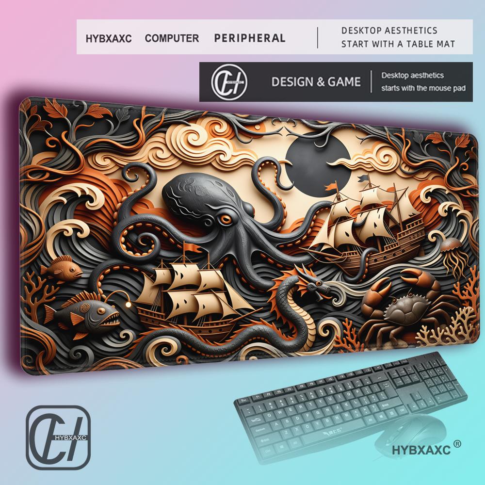 HYBXAXC Vintage Deep Sea Monster Extended Desk Mat Ocean Sea Monster Pattern Gaming MousePad Thick Lockedge Keyboard Mat