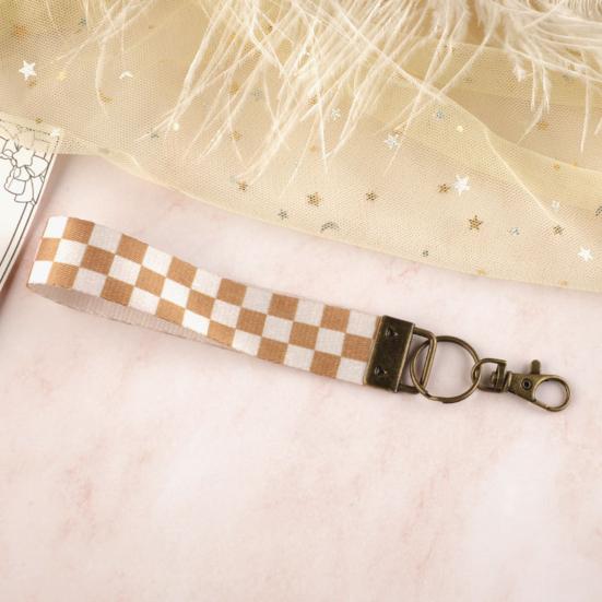 Nyckelring Hänge Rutigt Tryck Faux Läder Handledsrem Nyckelring Armband med Snabbfäste Fjäderring Kvinnor Nyckelhållare