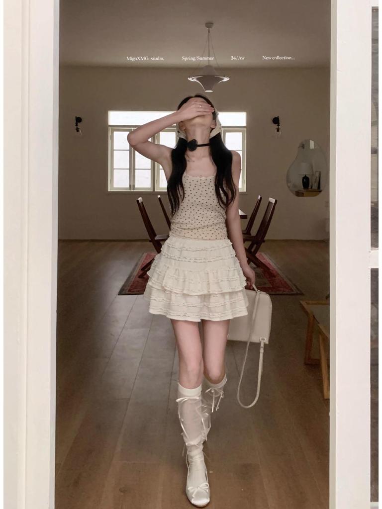 Women's White Lace Puffy Mini Skirt - High-Waisted A-Line Ballet Style, Summer 2026 Collection.