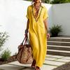 Sommer Baumwoll-Leinen Maxikleid für Damen Lässig V-Ausschnitt Kurzarm Fließendes Strand-Sonnenkleid Bestickte Tunika Langes Kleid mit Tasche