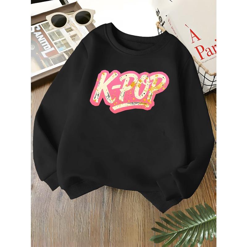 Kids Unisex Crewneck Sweatshirt, Vintage Glitter K-POP Letter Print Long Sleeve Pullover, Soft Fleece Kids Sweatshirt For Boys Girls Over 4 Years Old