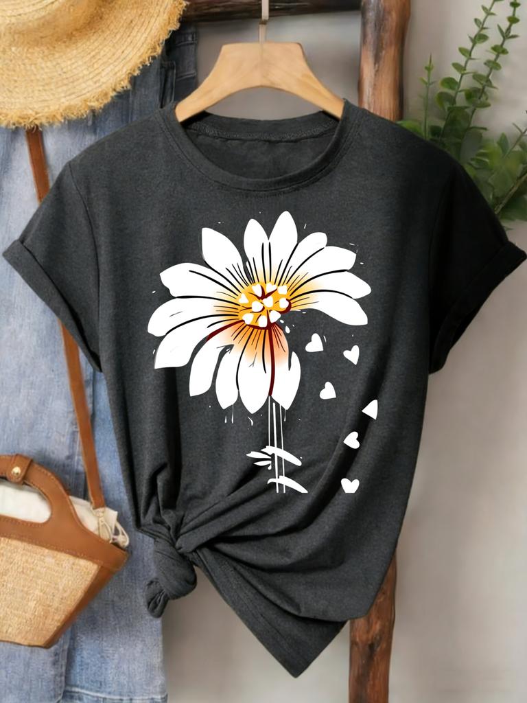 Summer Fashion Women'S T-Shirt | Daisy Flower Print Casual Loose Fit Top for Beach Vacation Outing, Crew Neck, Regular Sleeve