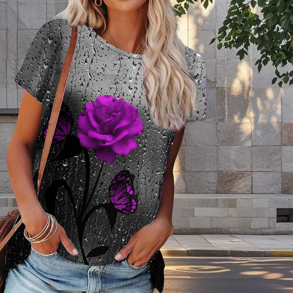 Damski Letni T-shirt z Nadrukiem Róży Retro Moda Krótki Rękaw Koszulki Casualowe Drukowane Topy