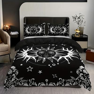 Ensemble Housse de Couette Bohème Soleil et Lune Noir Blanc Floral Ensemble de Literie Bohème Exotique Housse de Couette Décor Chambre Reine Toutes Saisons