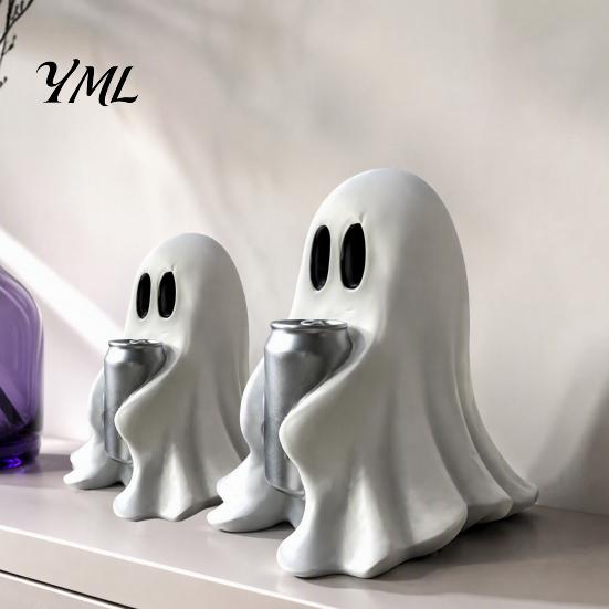 Compact Ghost Statues Halloween Figurine with Drinks, Resin Statue, Cute Spooky Desktop Holiday Accents Ornament for Party Tabletop Decorations