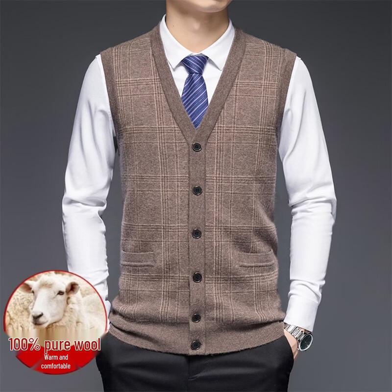 Hengyuanxiang Men's 100% Pure Wool Sleeveless Cardigan Sweater Vest