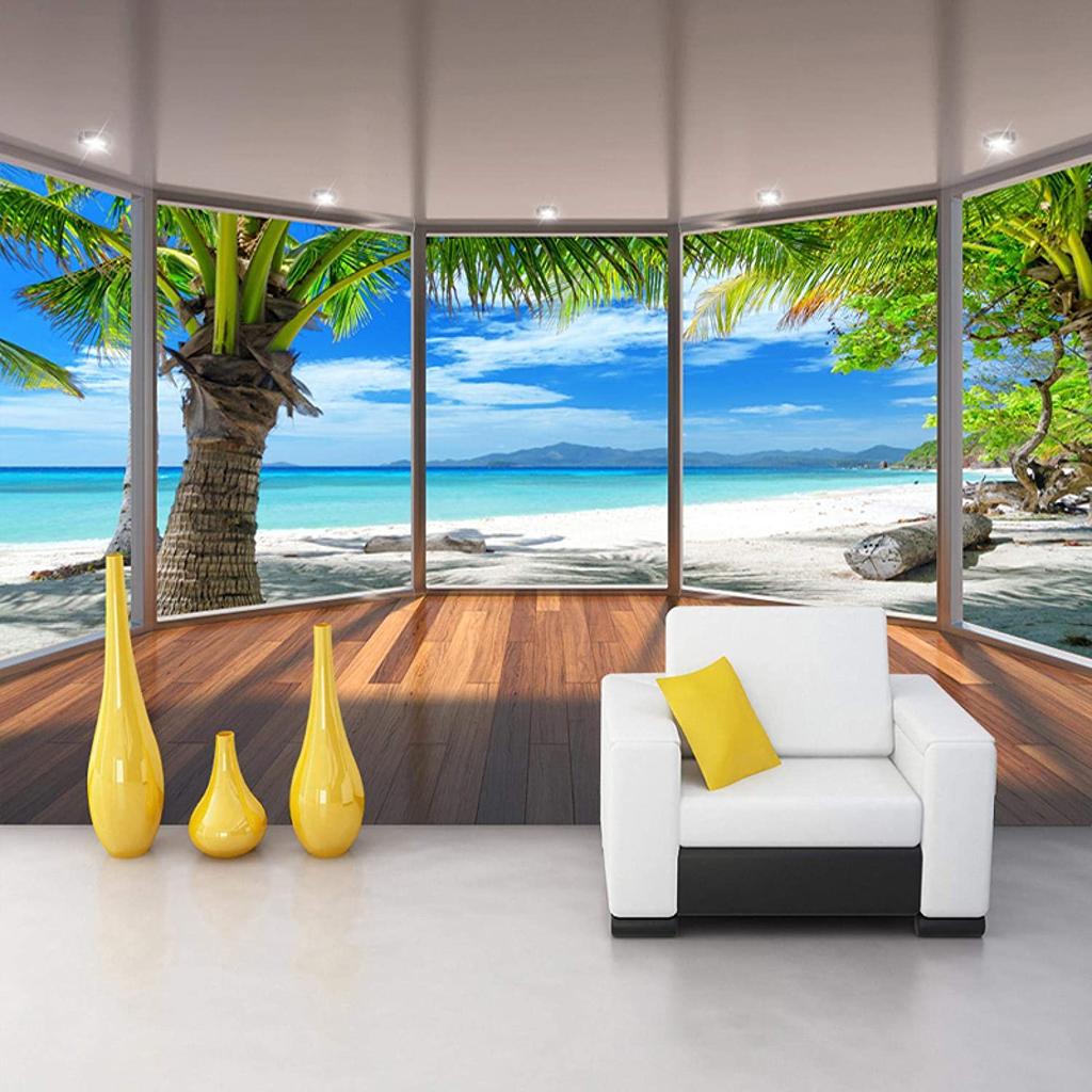 Fototapety 3D Sztuka dekoracyjna Kreatywność Widok na morze Palmy Plaża Zdejmowane naklejki ścienne Mural do salonu, sypialni, ściany rodzinnej, fototapety TV