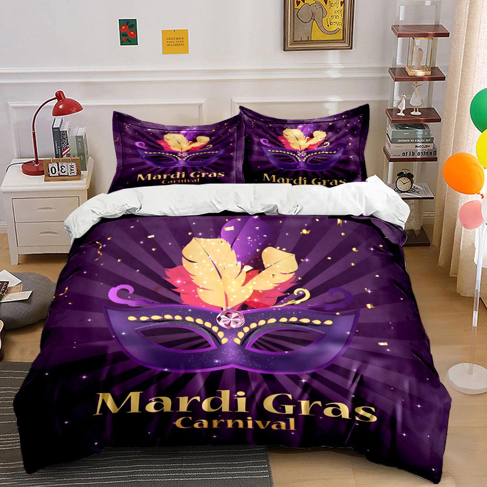 Mardi Gras Carnival Party Decorations Bedding Set with 1 Duvet Cover 2 Pillowcases Single Double King Queen, Gift