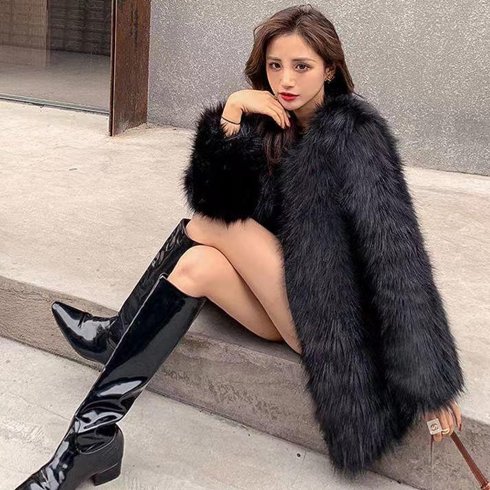 Imitation Fur Coat Women's Medium and Long Winter Imitation Fox Hair Slim and Thin Thickened Fur Coat