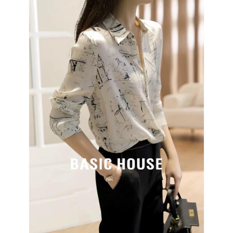 Basic House Women s Vintage Print Polo Collar Long Sleeve Shirt L