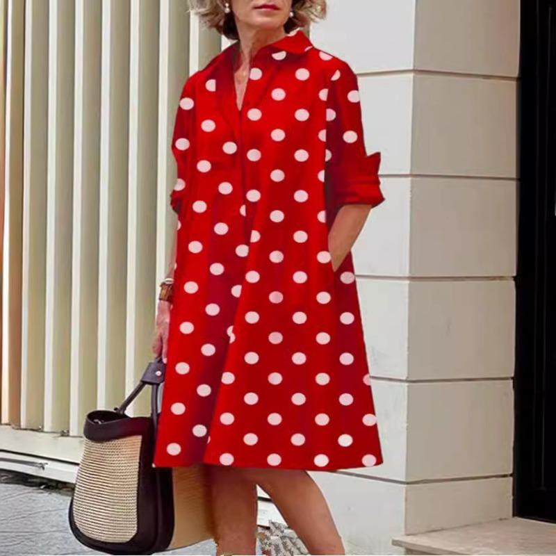 Novos produtos de outono, camisa com gola estampada de bolinhas de temperamento fashion, manga comprida, vestido médio e longo